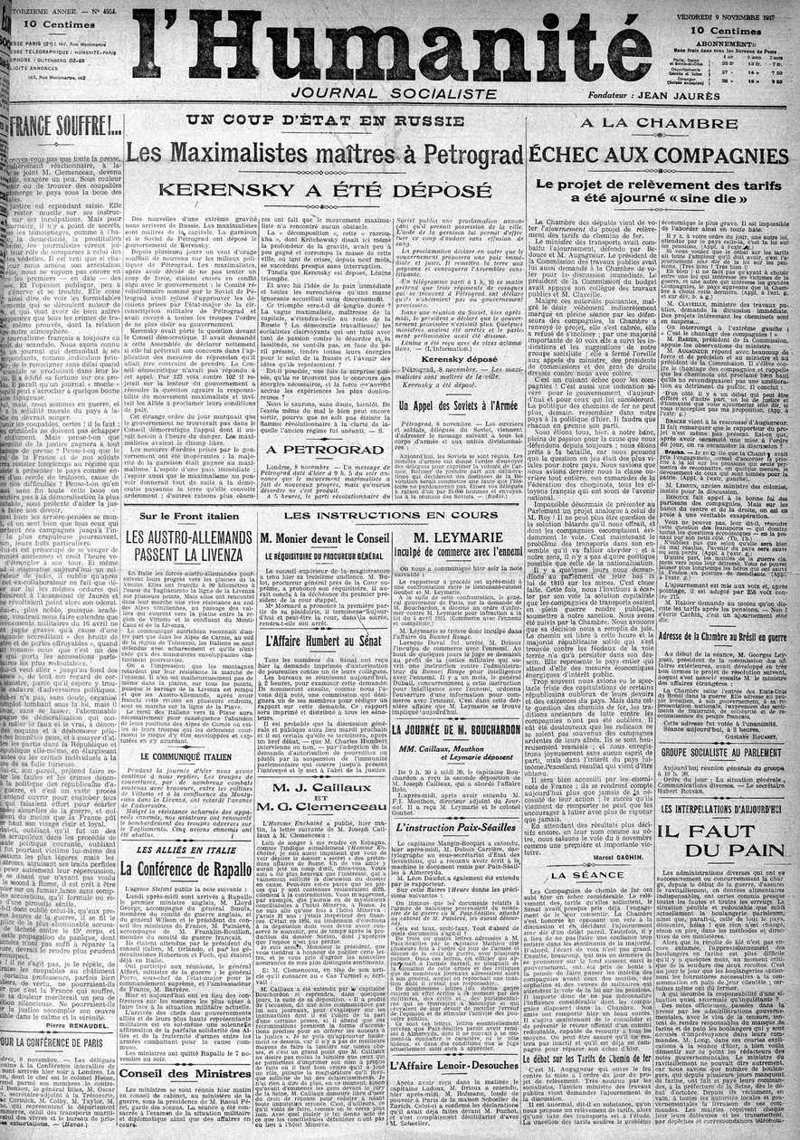 Az oroszországi puccs az „Emberség” című szocialista újság címoldalán. Főcímek: "" A mesterek maximalistái Petrográdban"", "" Kerenszkijt letétbe helyezték"" (Kerenski), 1917.09.11. alkotó: Anonymous Anonymous