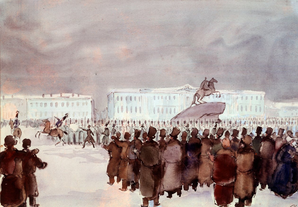 A Szenát téri tömeg az 1825-ös dekabrista lázadás idején. Dekabrist vagy dekabrist tagjai egy keményen elnyomott puccskísérletnek, amelyet Szentpéterváron 1825. december 14-én szerveztek, hogy alkotmányt szerezzenek a leendő cártól a rezsim modernizálására alkotó: Anonymous Anonymous