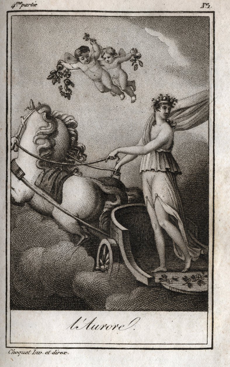 A hajnal (Apolló vezeti a nap szekerét). Napkelte allegóriája. Metszet 1819-ből Charles Albert Demoustier (1760-1801) „Lettres a Emilie sur la mythologie” című művében. Magángyűjtemény. alkotó: Anonymous Anonymous
