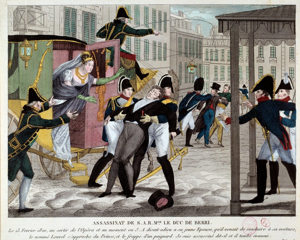 Charles Ferdinand de Bourbon, Berry hercege (1778-1820) halála 1820.02.13. a Királyi Zeneakadémia kijáratánál XVIII. Lajos király unokaöccsét az Operában meggyilkolta a republikánus Louvel, aki be akart zárni. a királyi dinasztia. Engravi alkotó: Anonymous Anonymous