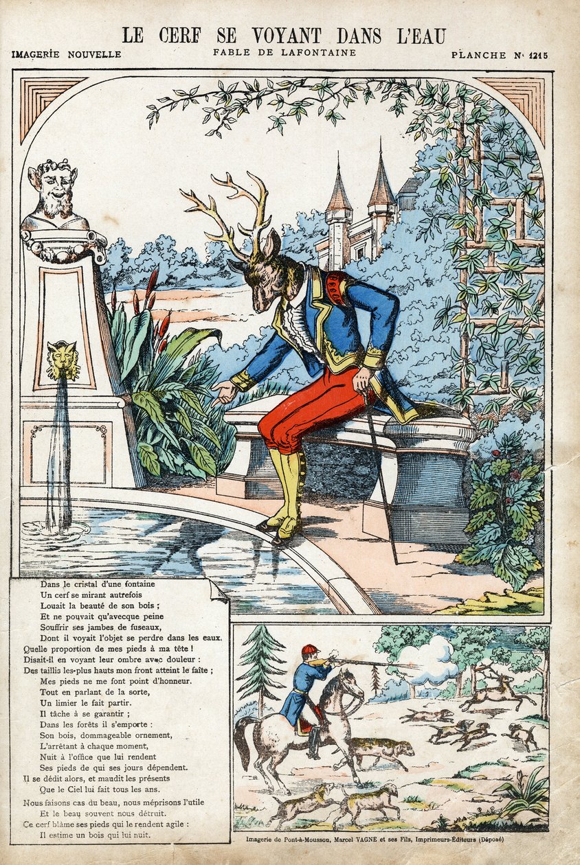 A szarvas látja magát a vízben. Jean de LA FONTAINE (Lafontaine) (1621-1695) névtelen illusztrációja a Les Fables-hez. Pont-a-Mousson képmása, 1880 körül. Magángyűjtemény. alkotó: Anonymous Anonymous