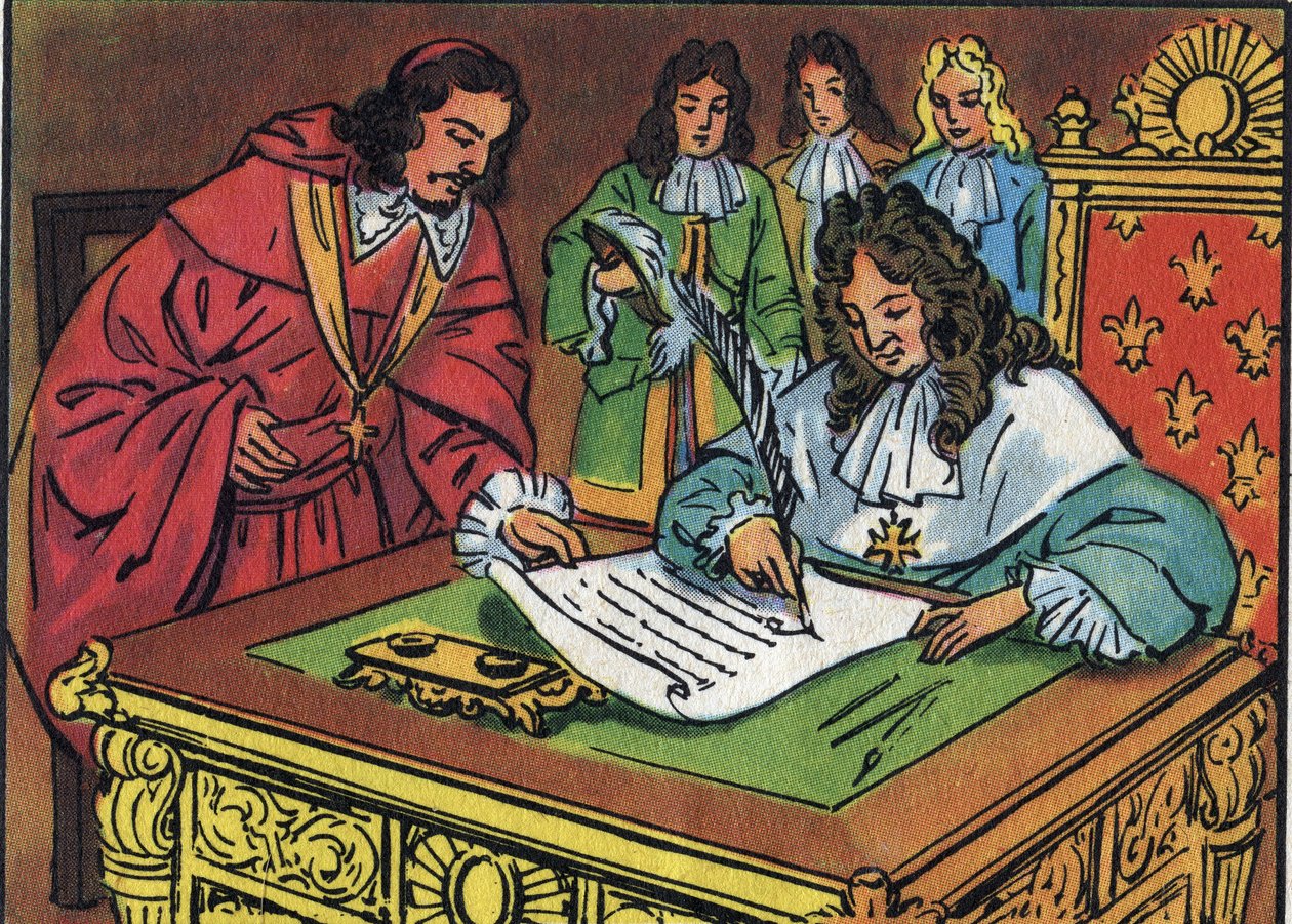 A fontainebleau-i szerkesztés, amelyet XIV. Lajos írt alá 1685. október 18-án, visszavonta IV. Henrik által 1598-ban engedélyezett Nantes-i szerkesztést. Névtelen illusztráció a „Collection des souverains et chefs d