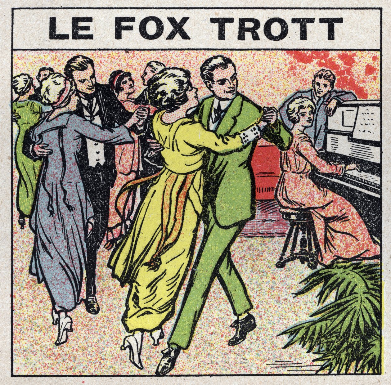 A zene hatásai: párok táncolják a Rókaügetést (Fox Trot) egy társasági esten. Névtelen illusztráció 1925-ből. Magángyűjtemény. alkotó: Anonymous Anonymous