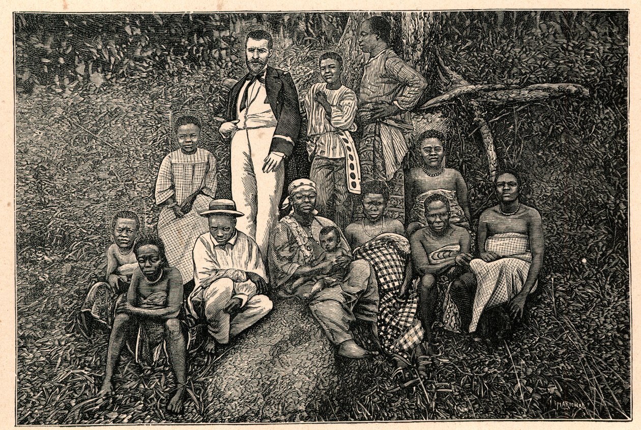 A brazzai Pierre Savorgnan felfedező (1852-1905) és a Gabonban található Két Guinea Apostoli Vikariátusának (Két Guinea) őslakosainak egy csoportja. Louis-Eugene (Louis Eugene) Louvet „Les Missions Catholiques au XIXeme Siecle” metszete. pr alkotó: Anonymous Anonymous