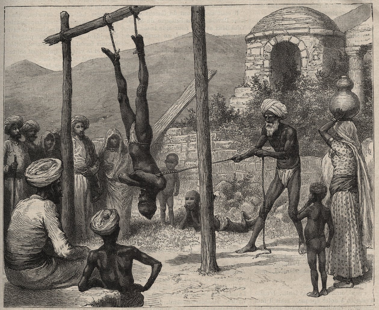Az indiai fakírt - az indiai fakírokat (Faquir) - lábánál fogva egy fa rúdra akasztották - 1892-ből készült metszet a „Journal des voyages”-ban. alkotó: Anonymous Anonymous