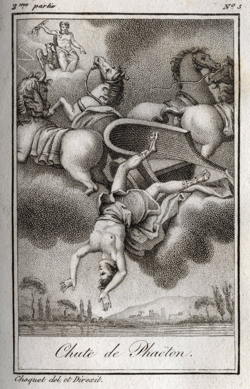 Phaeton bukása Phaeton (Phaethon), aki nem tudta irányítani a Helios tankot, Zeusz eltalálta, és az Eridan folyóba esett. Metszet 1819-ből Charles Albert Demoustier (1760-1801) „Lettres a Emilie sur la mythologie” című művében. Magángyűjtemény. alkotó: Anonymous Anonymous