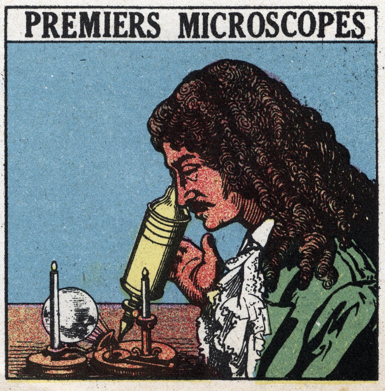 Az első optikai műszerek: Christiaan Huygens (Huyghens) (1629-1695) idején használt mikroszkóp. Névtelen illusztráció 1925-ből. Magángyűjtemény. alkotó: Anonymous Anonymous