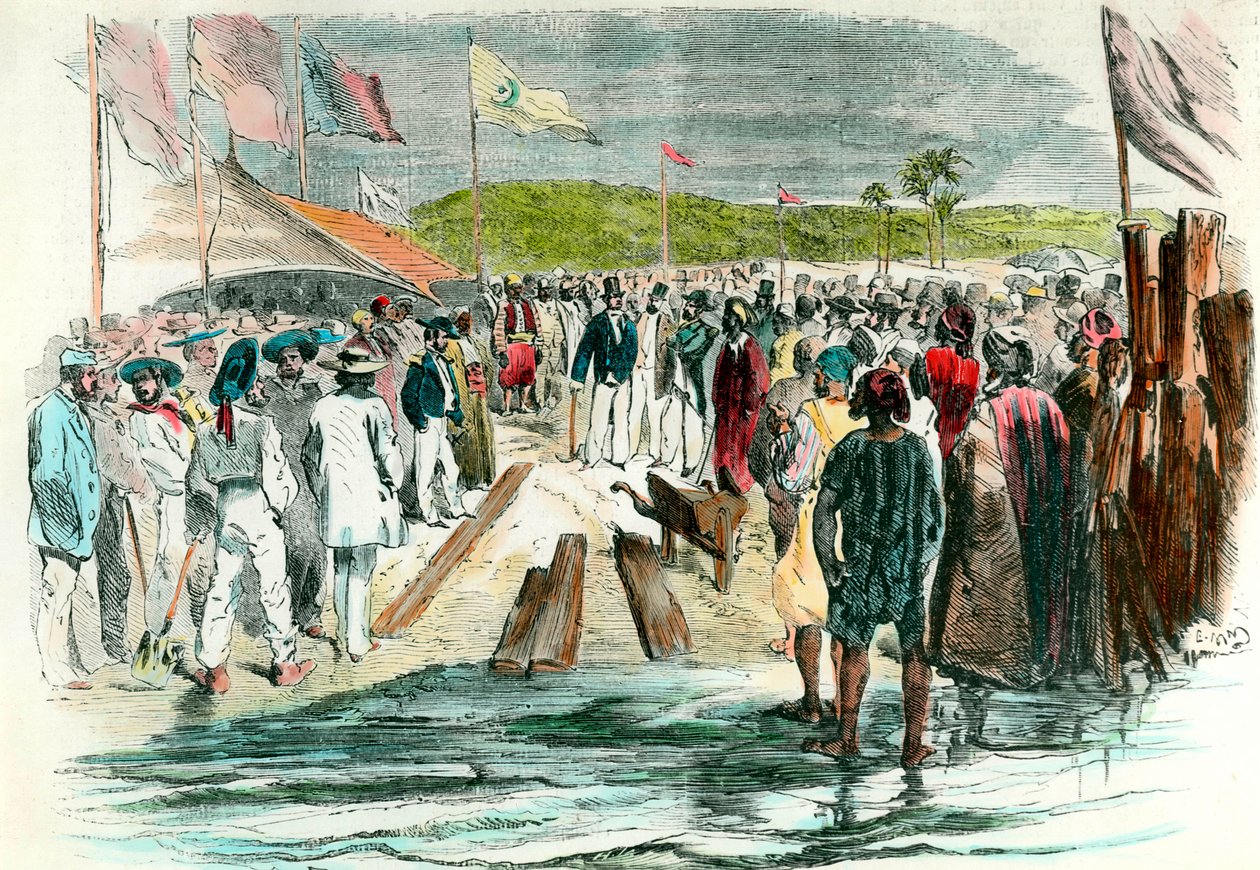 Az első felvétel a Szuezi-csatorna fúrási munkáinak megnyitóján, 1859. április 25-én A Vörös-tengert a Földközi-tengerrel összekötő egyiptomi építkezés 1869-ig tartott. A 19. századi metszet Collection Particuliere alkotó: Anonymous Anonymous