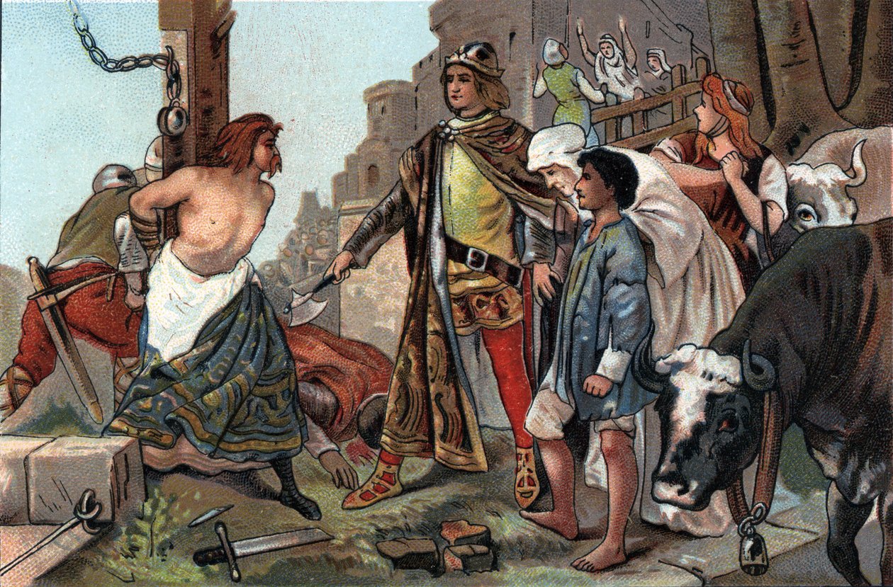 Baudouin VII (1092-1119) bírója – mondta Flandria grófja a fejszének. Antoine csokoládék reklámkromolitográfiája Brüsszelben, a XX. század eleje. Magángyűjtemény alkotó: Anonymous Anonymous