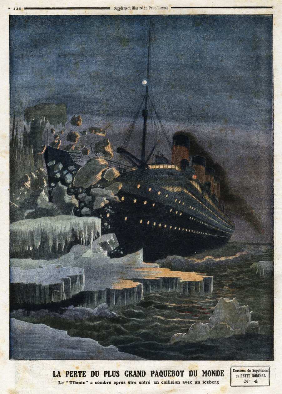 „” A világ legnagyobb vonalhajójának elvesztése: a „Titanic” elsötétült, miután jéghegynek ütközött”, metszet a „Le Petit Journal”-ban, 1912.04.28. alkotó: Anonymous Anonymous