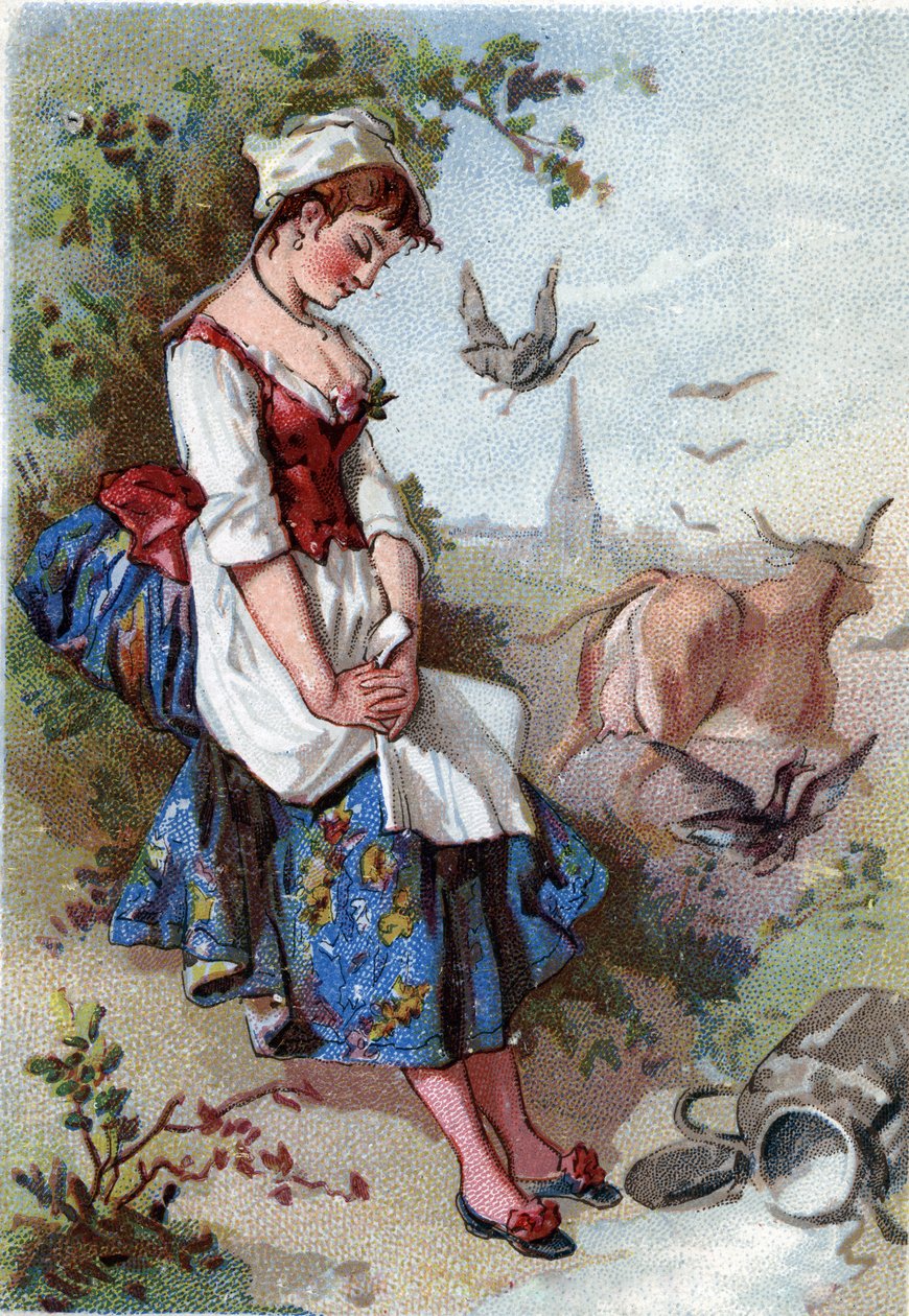 A tej és a tejeskanna. Jean de La Fontaine (Lafontaine) meséje (1621-95). századi kromolitográfiája. Magángyűjtemény. alkotó: Anonymous Anonymous