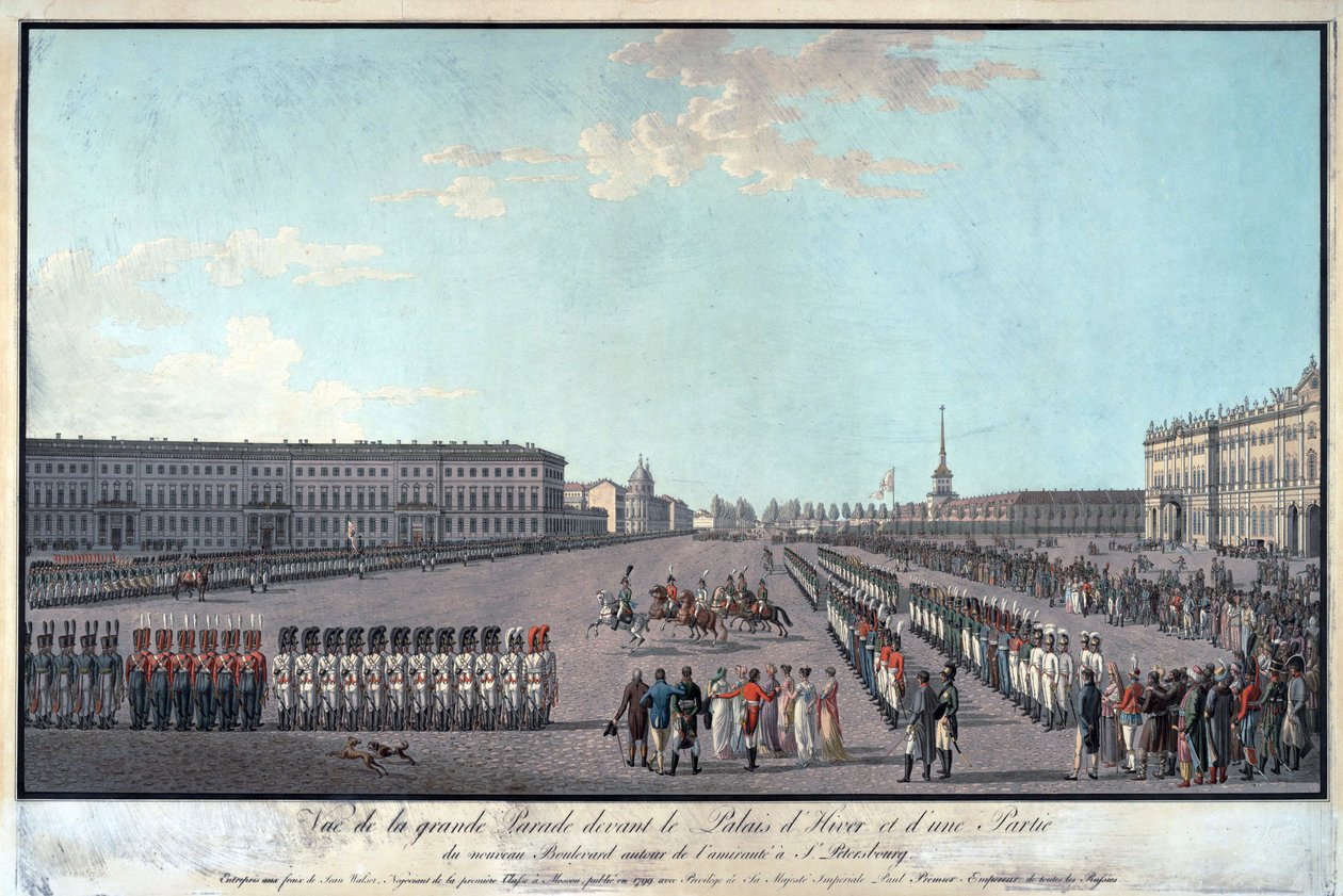 Felvonulás a szentpétervári Téli Palota előtt - Anonymous - 1799 - Rézkarc, akvarell - 65x95,6 - Magángyűjtemény alkotó: Anonymous Anonymous