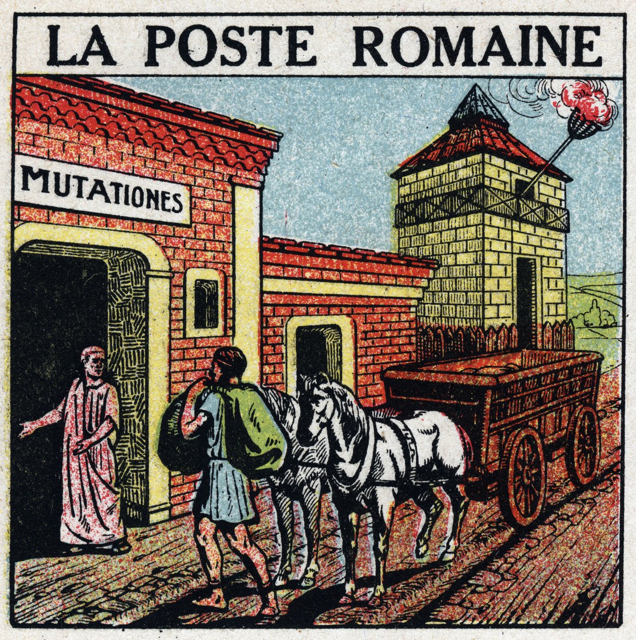 A poszt: a római posta. Egy „mutationes”, egy hely, ahol postahivatalnak használt lovakat lehetett bérelni, az úgynevezett „curriculum publicus”. Névtelen illusztráció 1925-ből. Magángyűjtemény. alkotó: Anonymous Anonymous