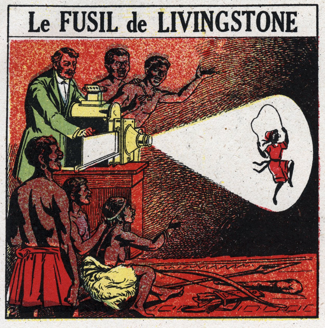A vetítés: Livingstone puskája. David Livingstone (1813-1873) skót misszionárius és felfedező a varázslámpással az afrikai Balonda törzsben. Névtelen illusztráció 1925-ből. Magángyűjtemény. alkotó: Anonymous Anonymous