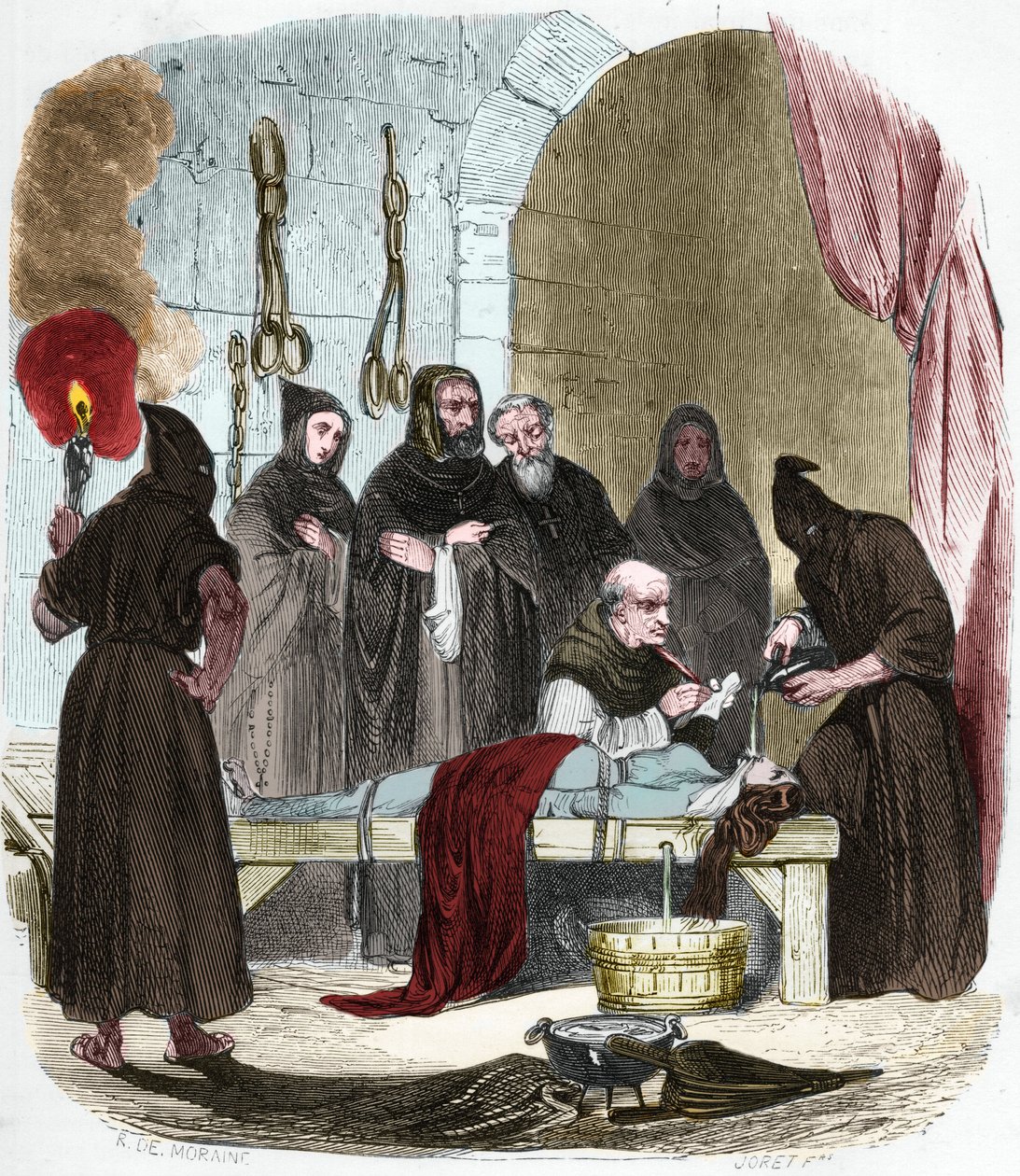 A víz kérdése: Pedro (Pierre) de Arbues (1441/1442 - 1485) kínzás alatt kihallgat egy fiatal nőt, aki állítólag rávette nővérét, hogy a lutheranizmus felé forduljon. Zsinórral megkötve vizet öntünk egy kendőbe, amit a torok aljába nyomunk. alkotó: Anonymous Anonymous
