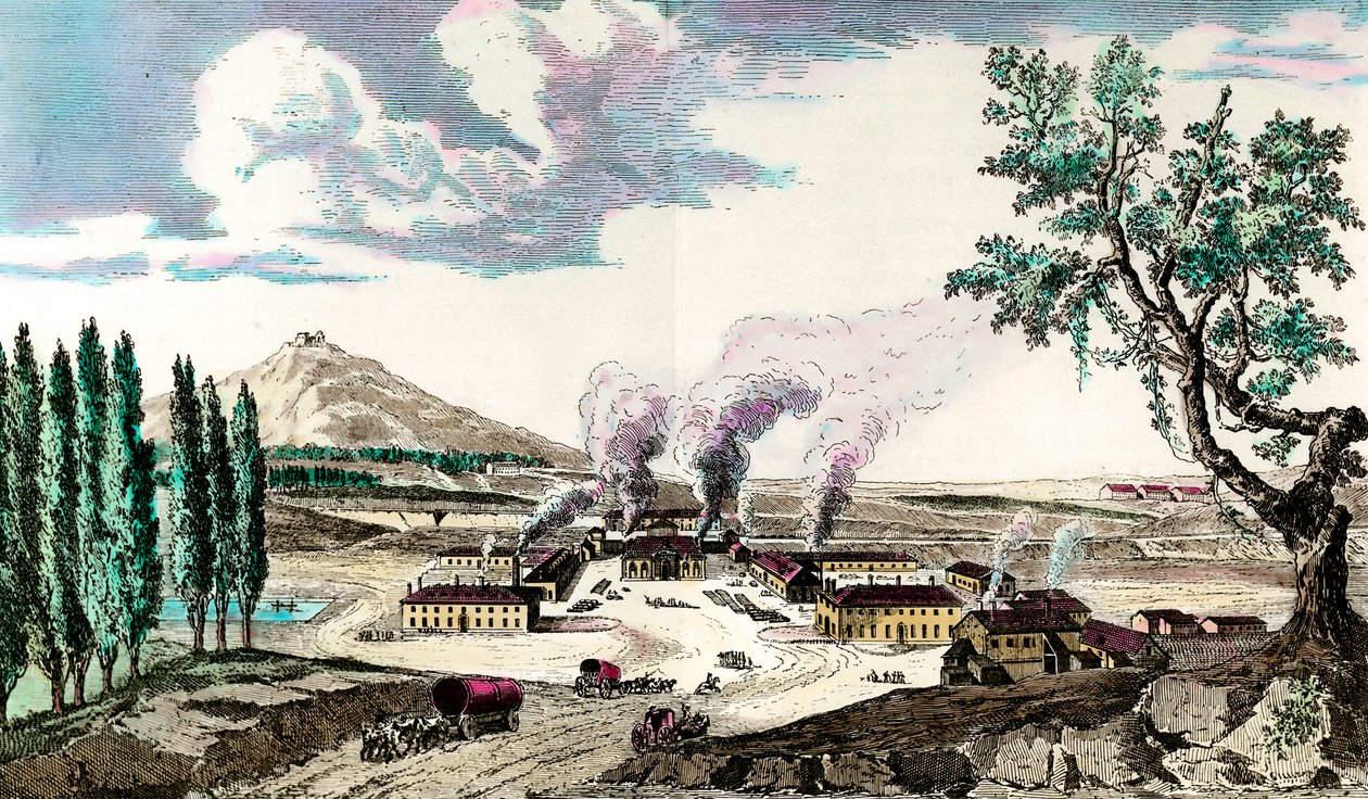 A creusot-i (Saone és Loire) királyi öntöde 1787-ben Többek között a francia hadsereg fegyverzetét gyártotta. 18. századi metszet. Magángyűjtemény alkotó: Anonymous Anonymous