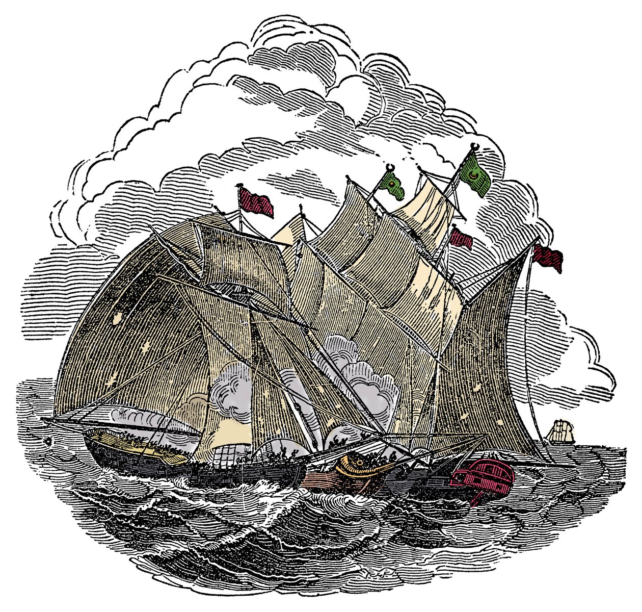 Henry Every (John Avery, Long Ben, Benjamin Bridgeman) (? -1695) kalóz hajója 1695 szeptemberében megtámadta a nagy mogul, Aurangzeb Aurangzeb (Alamgir) flottáját az indiai Surate mellett. Metszet a „The Pirates Own Book”-ból Charles Ellms alkotó: Anonymous Anonymous
