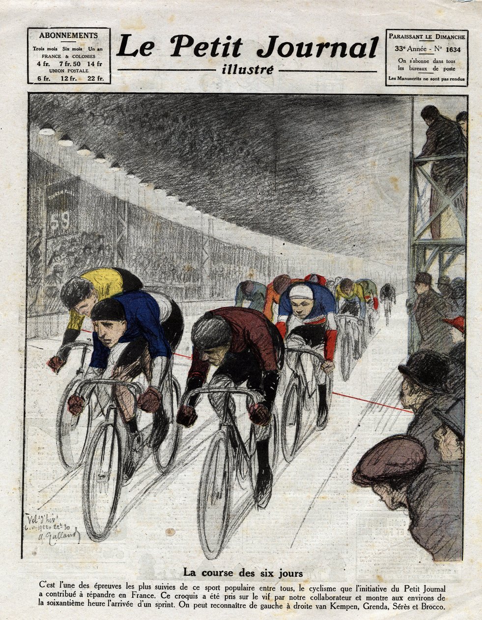 A hatnapos verseny: Piet van Kempen (1898-1985), Alfred Grenda, Seres és Maurice Brocco (1883-1965) a sprint során. Metszet a Le Petit Journal illustre-ben, 1922.04.16 alkotó: Anonymous Anonymous