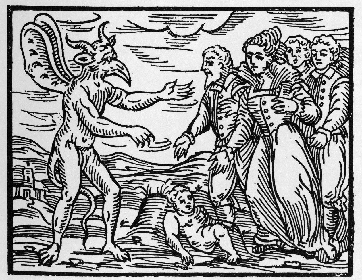 A varázslók gyermeket ajándékoznak az ördögnek - „Compendium Maleficarum”, Francesco Maria Guazzo vagy Guaccio vagy Guaccius (15? -16??) Magángyűjtemény a boszorkányokról, gonoszságukról és válogatásukról szól. alkotó: Anonymous Anonymous