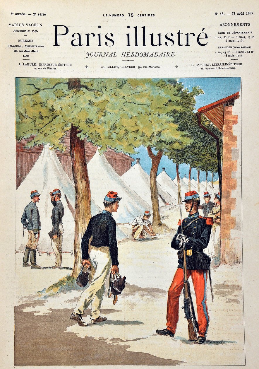 A Saint-Cyr (Saint Cyr) iskola diákjai a chalonsi táborban. Metszet 1887-ből a „” Paris-Illustrous folyóirat hetilapjában”. alkotó: Anonymous Anonymous