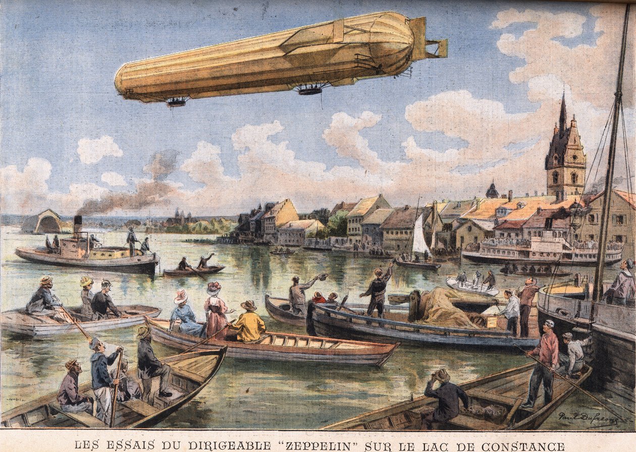 A Zeppelin léghajó tesztjei a németországi Boden-tavon. Metszet a „Le Peute Parisien” újságból, 1908.02.08. Magángyűjtemény. alkotó: Anonymous Anonymous