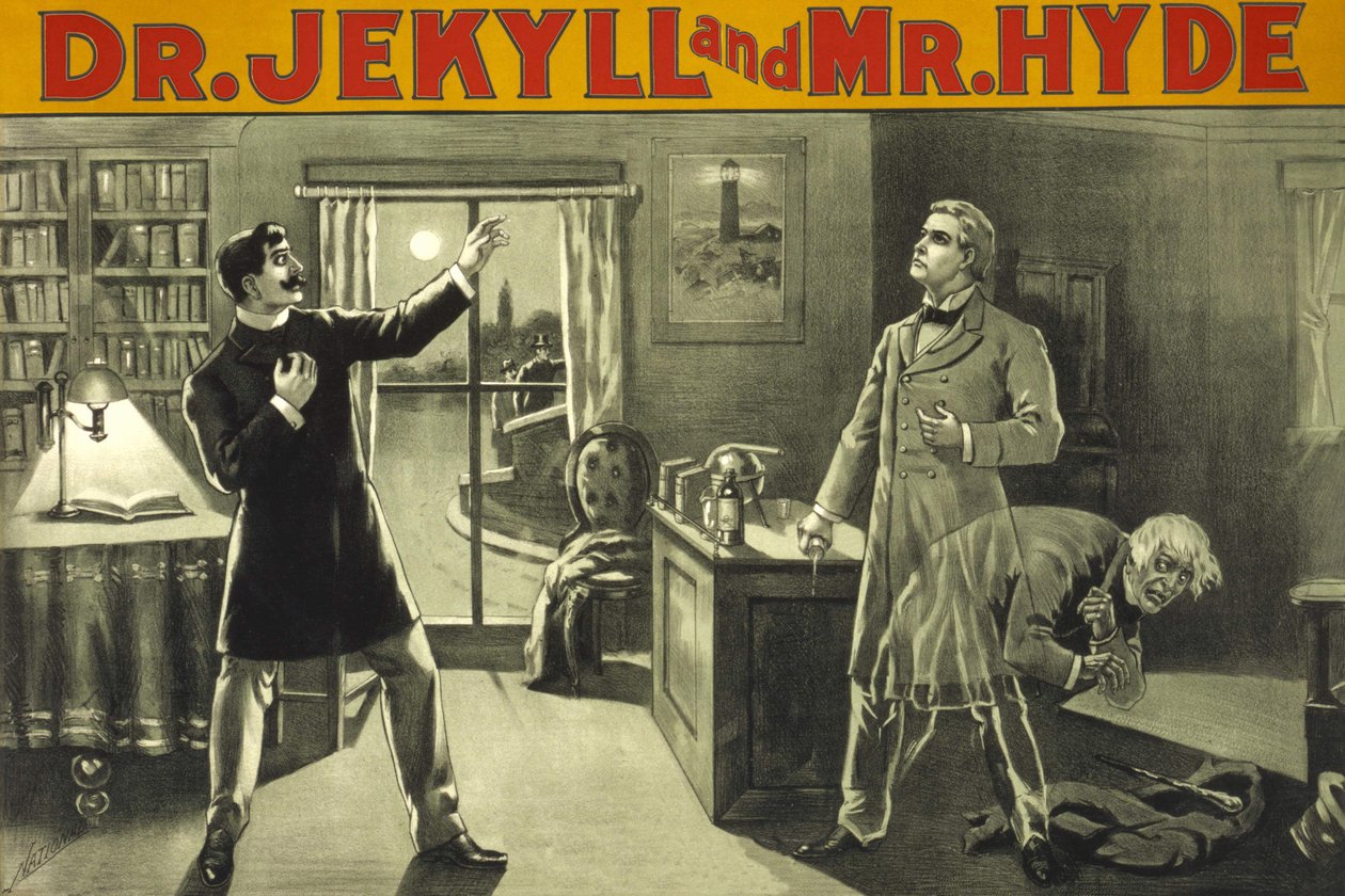 Az átalakulás. „Doktor Jekyll és Mister Hyde”, Rory of Terror, Robert Louis Stevenson (1886). Amerikai plakát a 19. század végéről egy színházi előadáshoz. Milánó magángyűjtemény. alkotó: Anonymous Anonymous