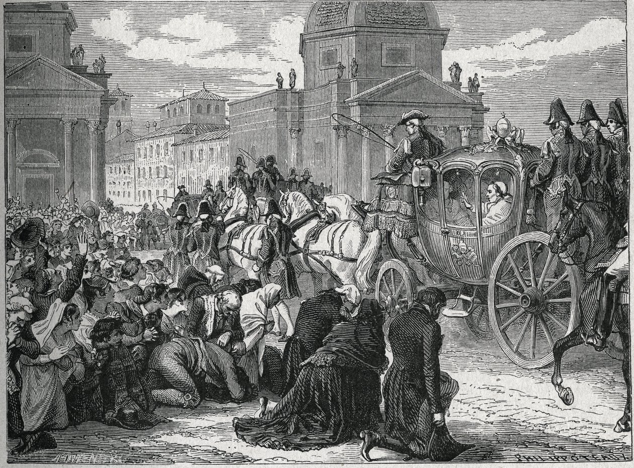 VII (Pio) Pius pápa (1742-1823) diadalmas belépése Rómába (Roma) 1814. május 24-én. Metszet a XIX. Magángyűjtemény. alkotó: Anonymous Anonymous