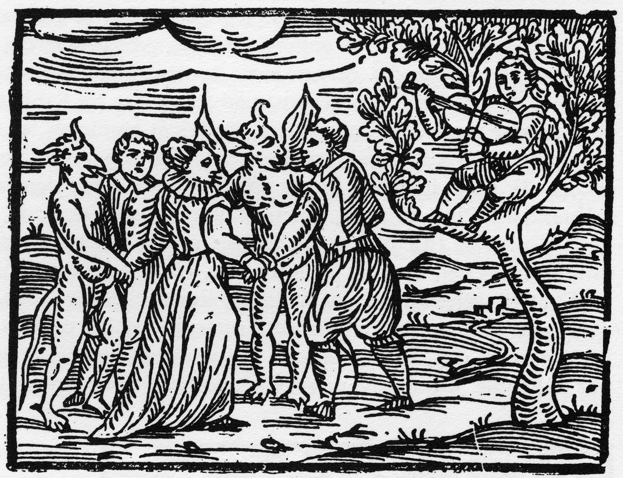 A szombati boszorkányok hegedűszóra táncolnak - „Compendium Maleficarum”, Francesco Maria Guazzo vagy Guaccio vagy Guaccius (15?? -16??) a boszorkányokról, gonoszságukról és válogatásukról szól (15? -16??) 1608 Magángyűjtemény alkotó: Anonymous Anonymous