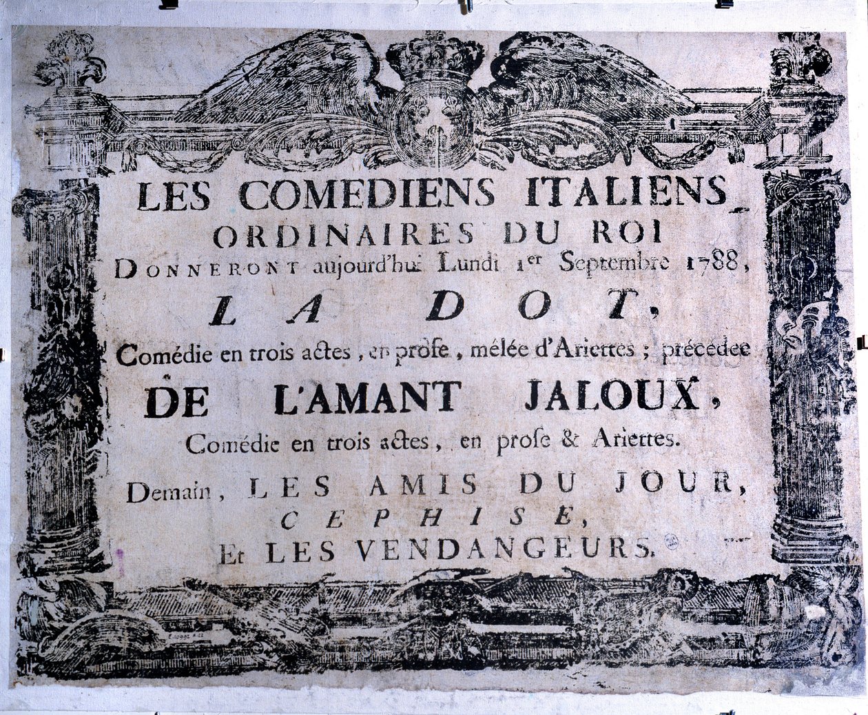 A „Pötty” és „A féltékeny szerető” című darabot bemutató színházi plakát olasz humoristák előadásában, 1788.09.01. Párizs. Carnavalet Múzeum alkotó: Anonymous Anonymous