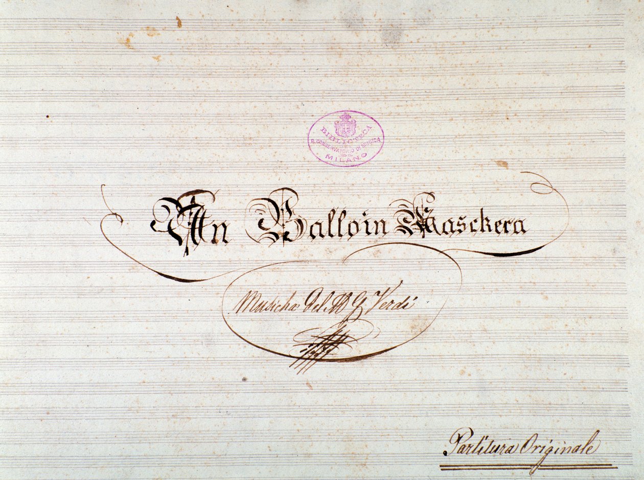 Giuseppe Verdi operájának Un ballo in maschera című kottájának első kiadásának címlapja alkotó: Anonymous Anonymous
