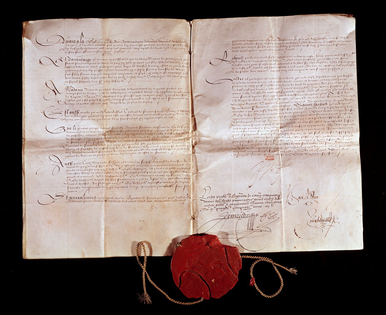 Henrik (1519-1589) és a spanyol Fülöp között 1559. április 3-án kötött Cateau Cambresis (Cateau-Cambresis) szerződés. Franciaország visszaadja olasz területeit Spanyolországnak. Ez a kereskedelem véget vetett az olasz háborúknak. Párizs, Nemzeti Levéltár alkotó: Anonymous Anonymous