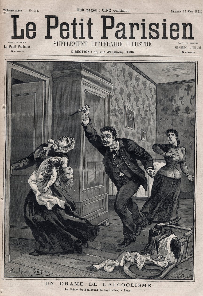 Különböző tények: az alkoholizmus drámája - Le Criminal du Boulevard de Courcelles Párizsban - "Le petit Parisien" metszet 1891-ből - Magángyűjtemény alkotó: Anonymous Anonymous