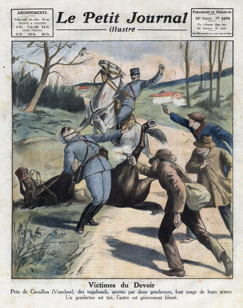 Különféle tények: két csendőr meggyilkolása csavargó bűnözők által a Vaucluse-i Cavaillon felé vezető úton. Az illusztráció az 1921. 06. 03-i „” Le petit Journal”-ból származik. Magángyűjtemény alkotó: Anonymous Anonymous