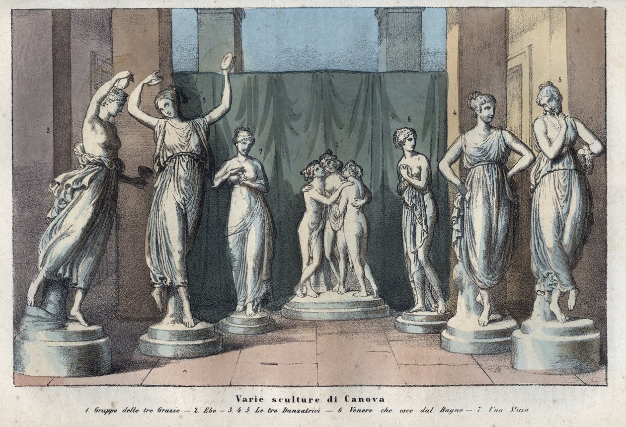 Canova különféle szobrai - A három grácia - Hebe - A három grácia táncol - Venus Italica - Múzsa - metszet a „” A Világegyetem összes népének szokásai és hagyományai című könyvből. Ez a kormány, a törvények, a milícia és mindenki vallásának története alkotó: Anonymous Anonymous