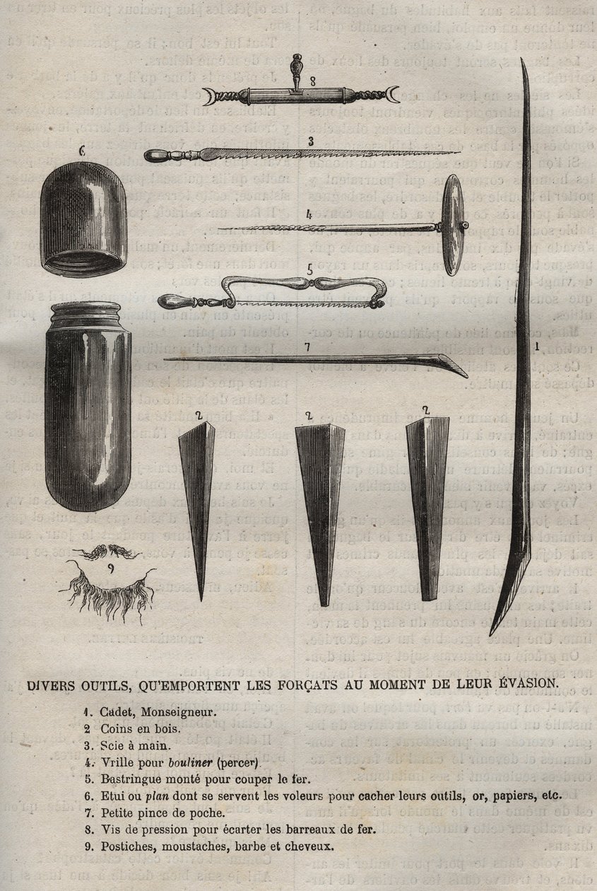 Különféle szerszámok, amelyeket a forcat-ok magukkal hordanak, amikor kiszöknek. Pierre Zaccone (1817-1895) „A börtönök története létrehozásuktól napjainkig” metszetébe (1877) (Colonia Penale - Büntetés-végrehajtási telep) alkotó: Anonymous Anonymous