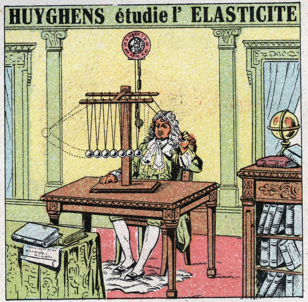 Rezgő mozgások: Christiaan Huygens (1629-1695) az anyag rugalmasságát vizsgálja elefántcsont gyöngyök megfigyelésével. Névtelen illusztráció 1925-ből. Magángyűjtemény. alkotó: Anonymous Anonymous