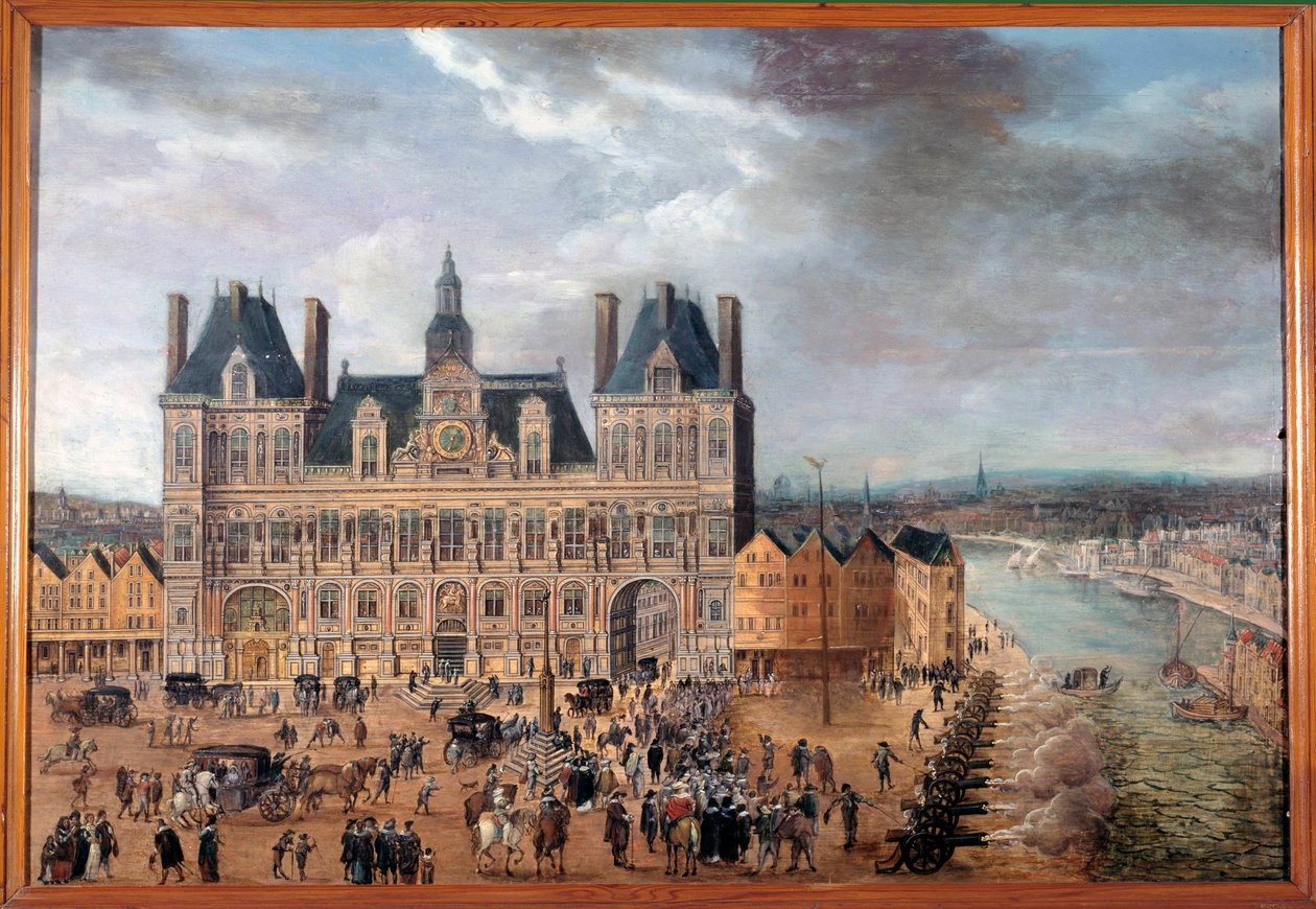 Kilátás a Place de Greve-re és a párizsi városházára egy nyilvános partin 1640 körül Névtelen festmény, olaj, fa alkotó: Anonymous Anonymous
