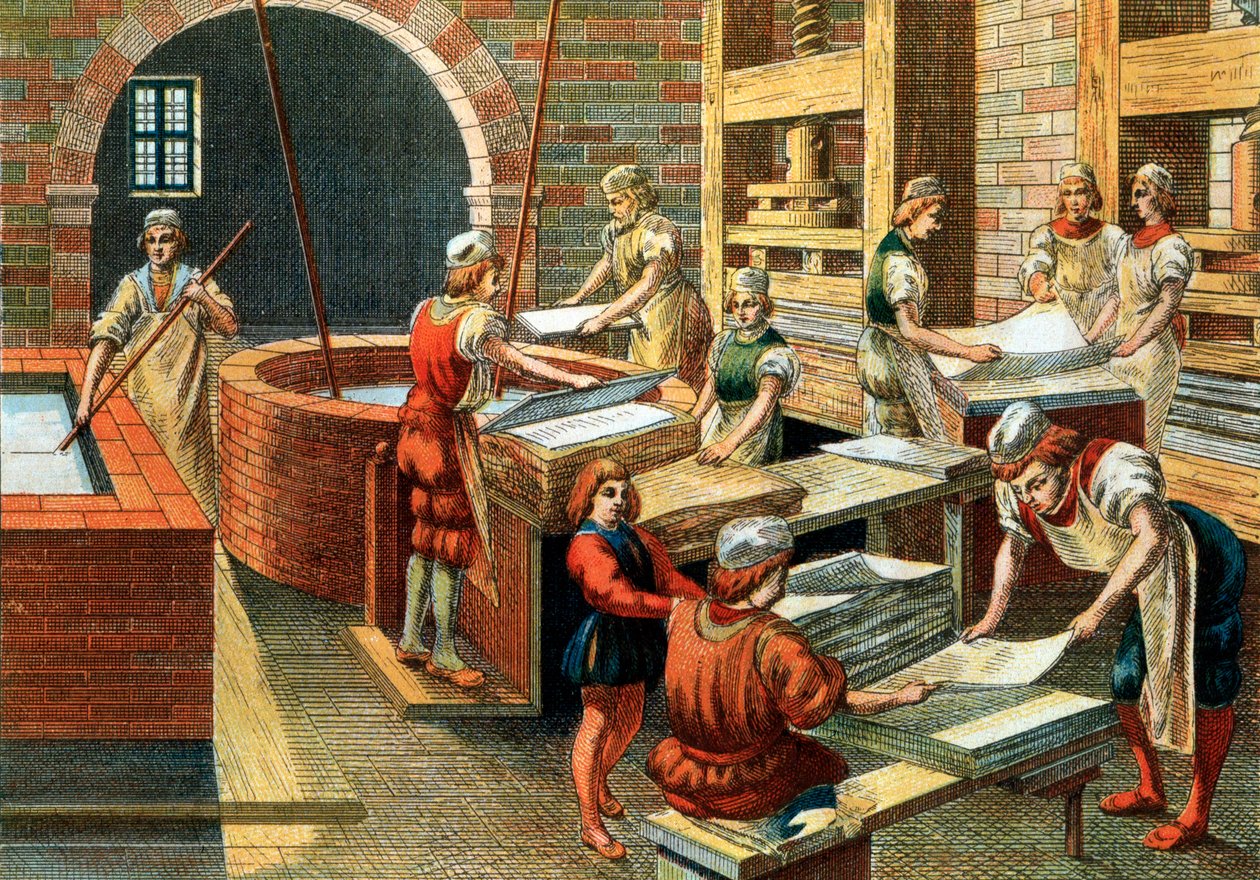 Kilátás egy papírgyártó műhelyre Fabrianóban a 16. században, Olaszország. A különböző lépések. Ábra. Magángyűjtemény – Papírgyártó műhely Fabrianóban (Olaszország) alkotó: Anonymous Anonymous
