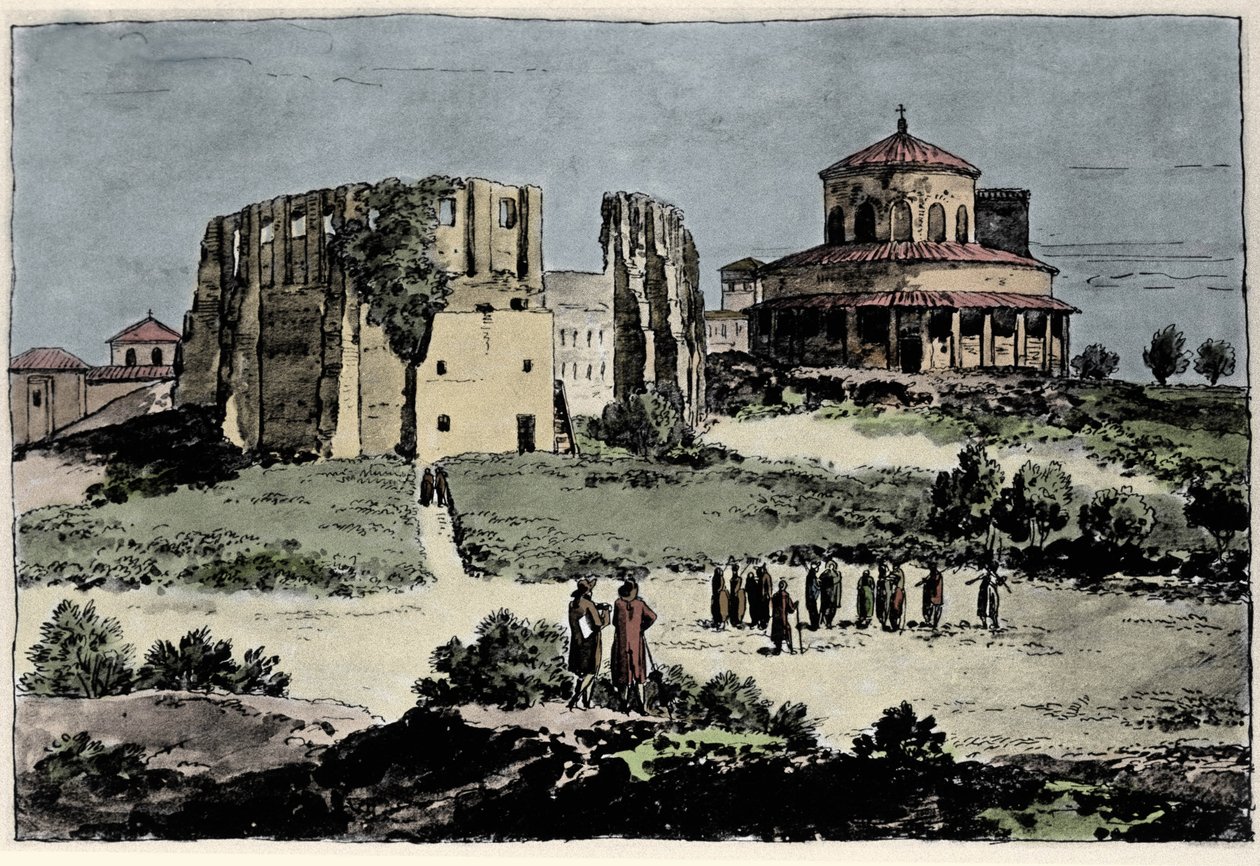 A Santa Constance-templom (nza), Konstantin császár 4. században épült mauzóleuma a római Szent Ágnese (Agnese)-bazilika közelében A XIX. századi illusztráció alkotó: Anonymous Anonymous