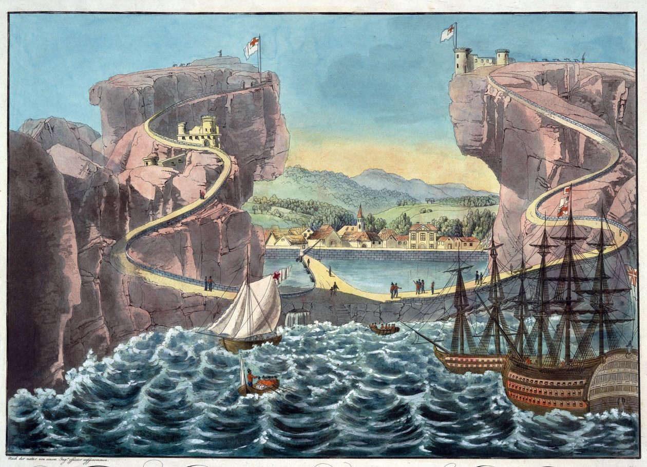 Kilátás a Szent Ilona-szigetre a James-erőd melletti leszállóhely oldaláról - Anonymous - 1815 - Aquatint - 46,7x54,5 - Magángyűjtemény alkotó: Anonymous Anonymous