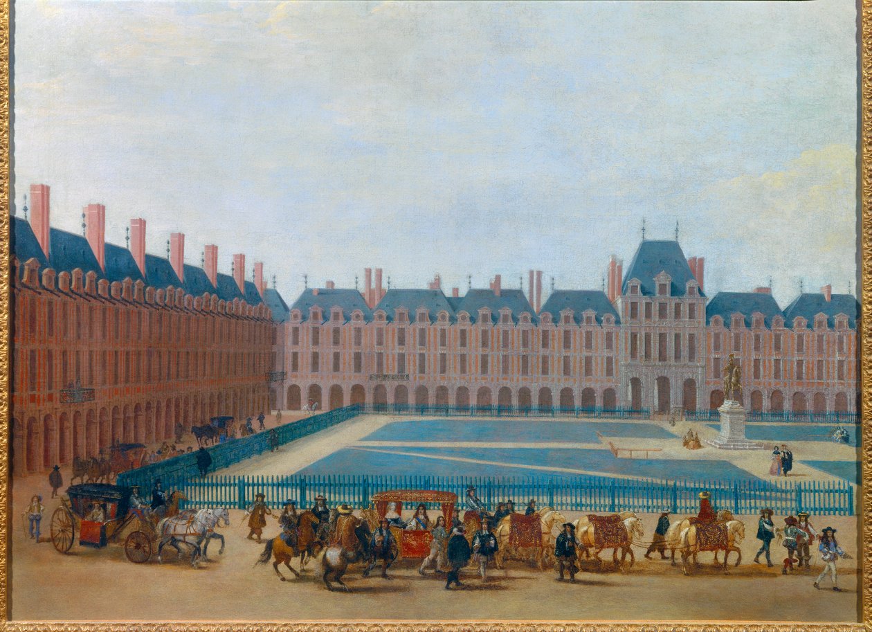 Kilátás a Place Royale-ra 1660 körül, XIV. Lajos király hintójának átjárója A jelenlegi párizsi Place des Vosges. 17. századi névtelen festmény. Homályos. 0,81 x 1,13 m Párizs, Musee Carnavalet alkotó: Anonymous Anonymous