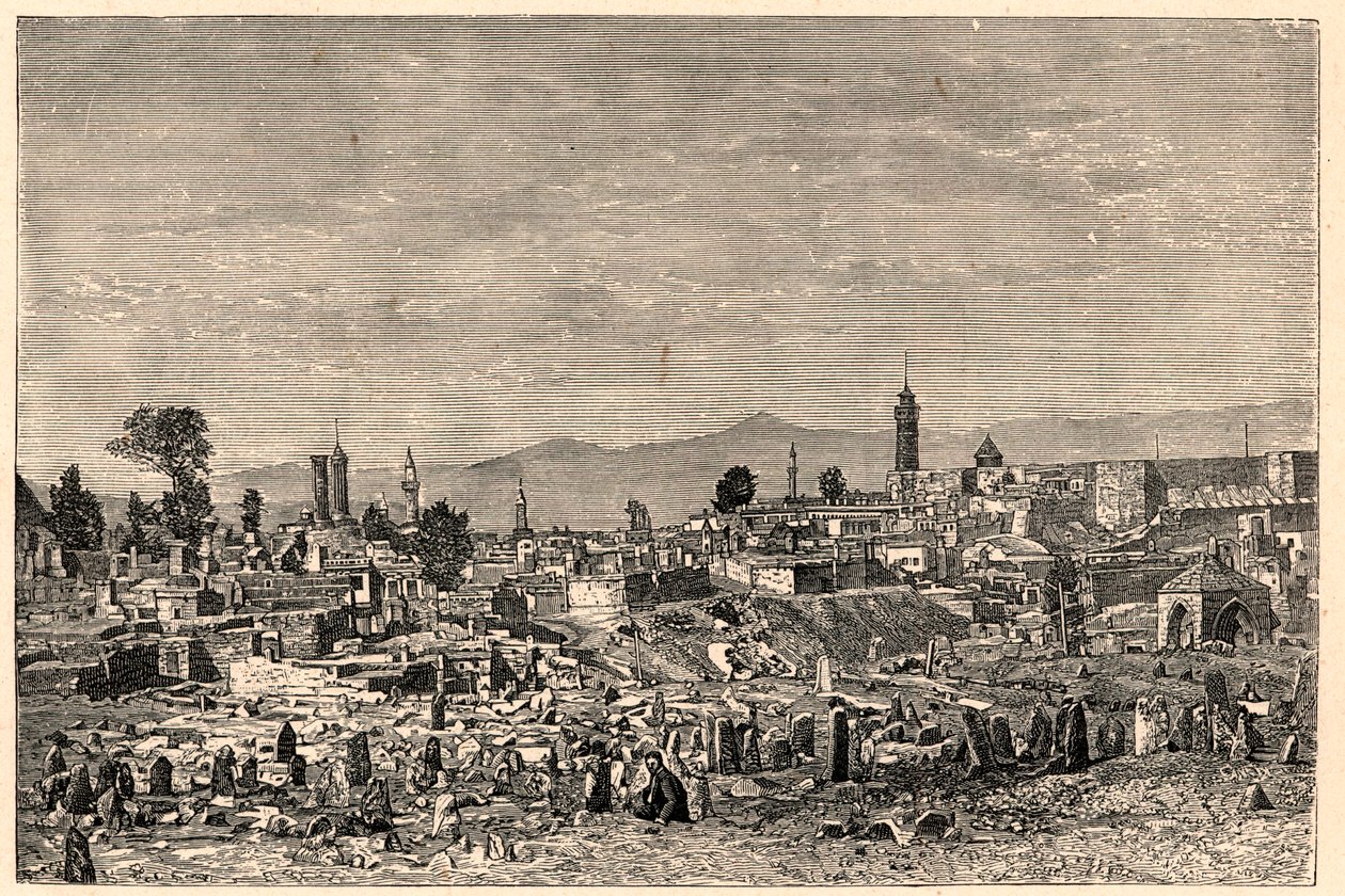 Kilátás Erzurum (Erzurum) városára Örményországban (ma Törökország). Louis-Eugene (Louis Eugene) Louvet „Katholikus missziók a XIX. században” című metszetébe. magángyűjtemény. alkotó: Anonymous Anonymous
