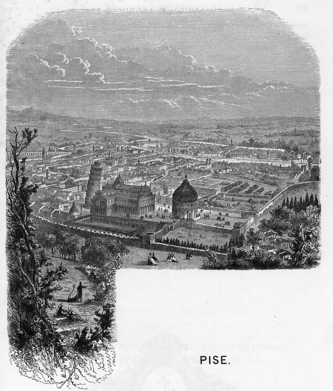 Kilátás a városra, Pisa (Pisa), Olaszország. armengaud 1859-es metszete „Európa galériáiban – Olaszország”. Magángyűjtemény. alkotó: Anonymous Anonymous
