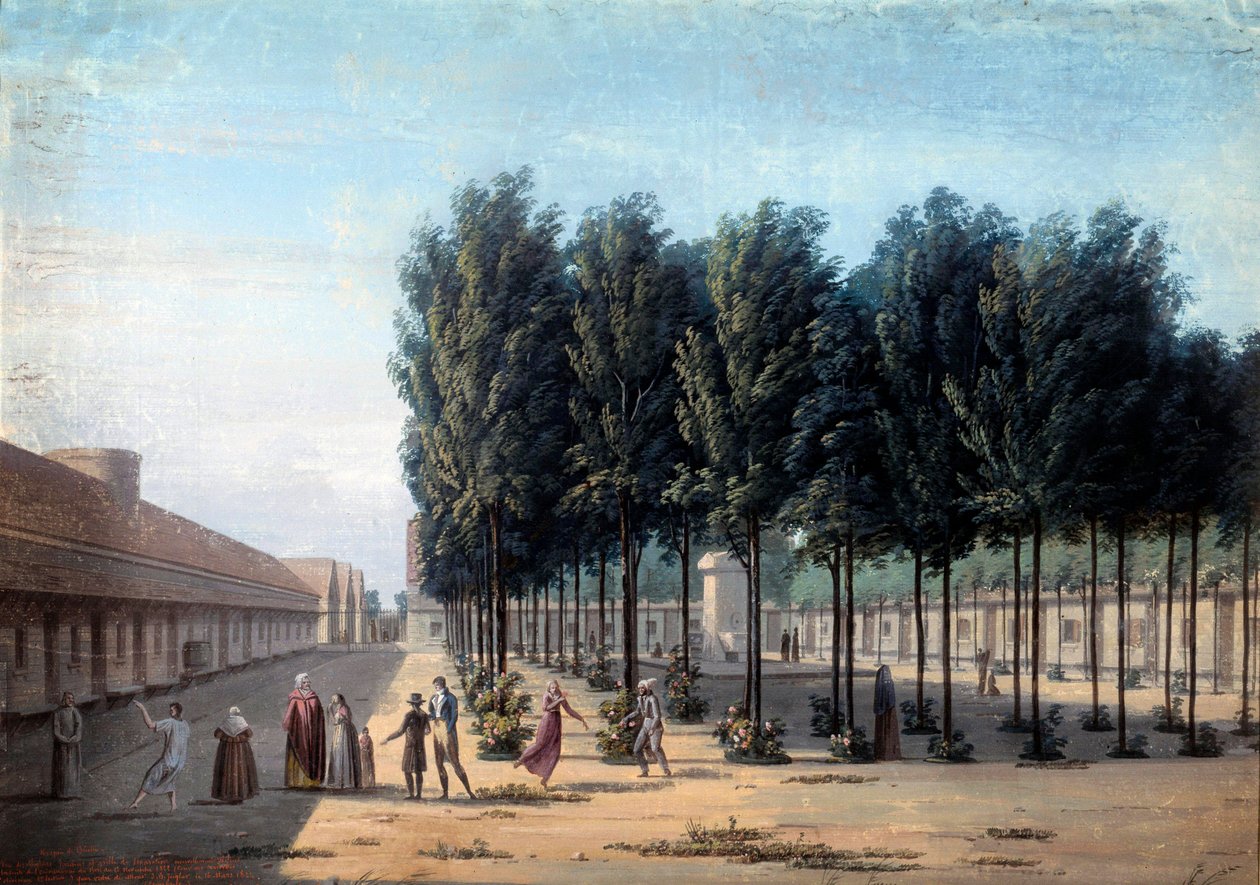 Kilátás a Paisibles udvarára a Bicetre-i hospice-ban Elmebetegek sétája a Kórházban 1824-ben. Anonymous gouache. Párizs, Musee Carnavalet alkotó: Anonymous Anonymous