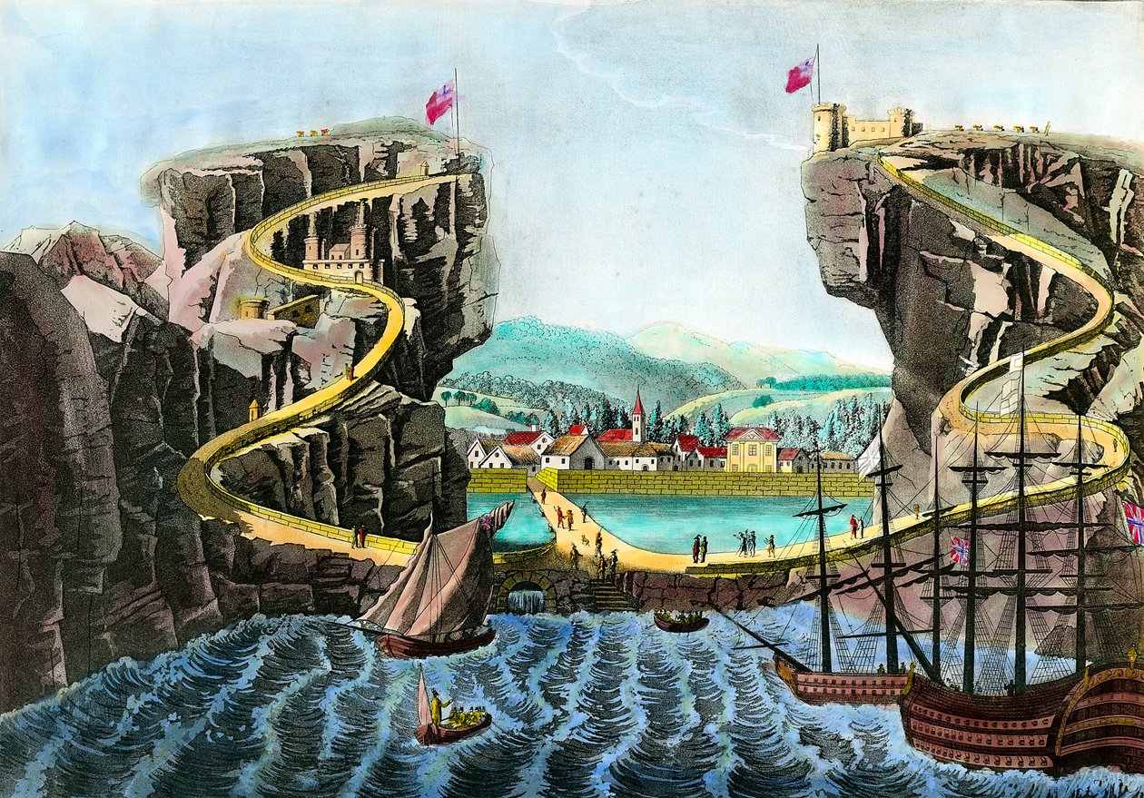Kilátás a Sainte Helene-szigetre a 19. századi Fort Saint James Gravure közelében. Magángyűjtemény alkotó: Anonymous Anonymous