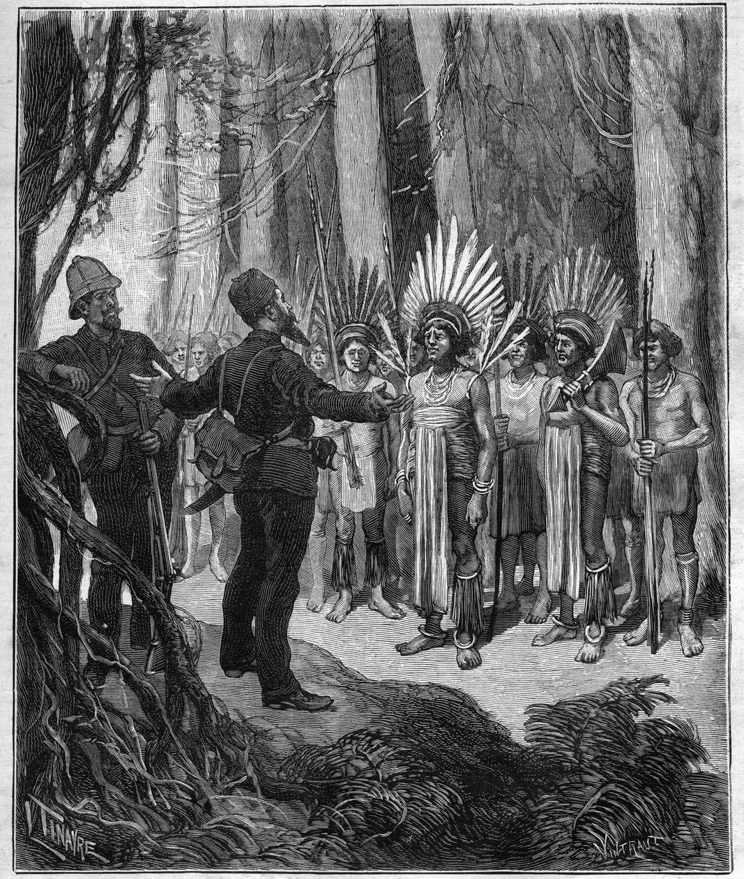 Henri Coudreau (1859-1899), földrajzprofesszor és Guyana indiai területén felfedező utazása – roucouyai szakácsoktól kapott – metszet az 1889-es „Journal des voyages”-be. alkotó: Anonymous Anonymous