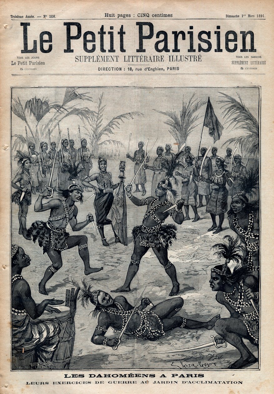 Háborús gyakorlatok: Amazonok, harcosok és feticheurs dahomeens (ma Benin) a párizsi akklimatizációs kertből (Emberi Állatkert). Metszet „” Le petit Parisien”” 1891-ből. Magángyűjtemény. alkotó: Anonymous Anonymous