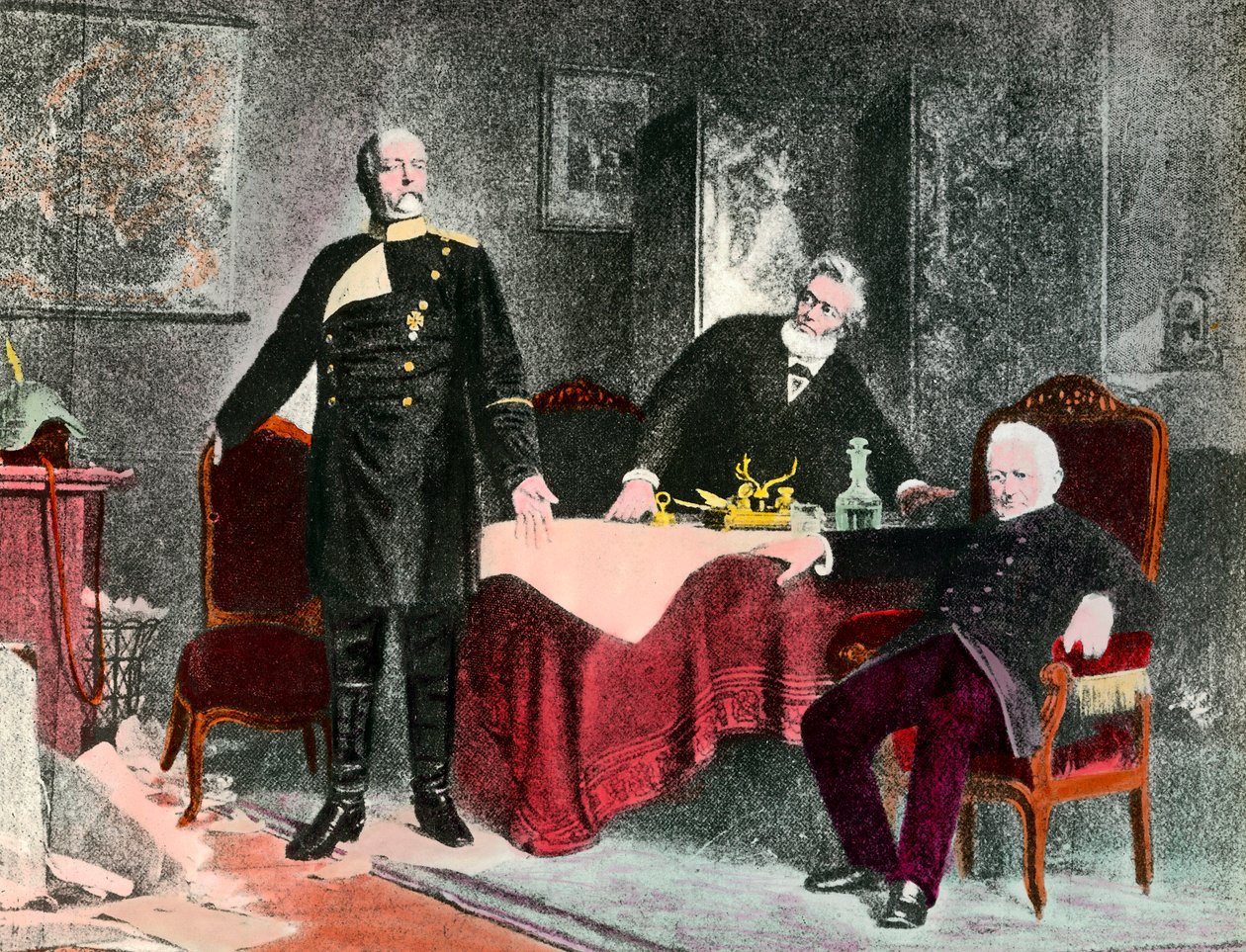 1870-es háború: politikai interjú Bismarck kancellár (1815-1898), Jules Favre (1809-1880) és Adolphe Thiers (1797-1877) között. Metszet 1870 körül. Magángyűjtemény alkotó: Anonymous Anonymous