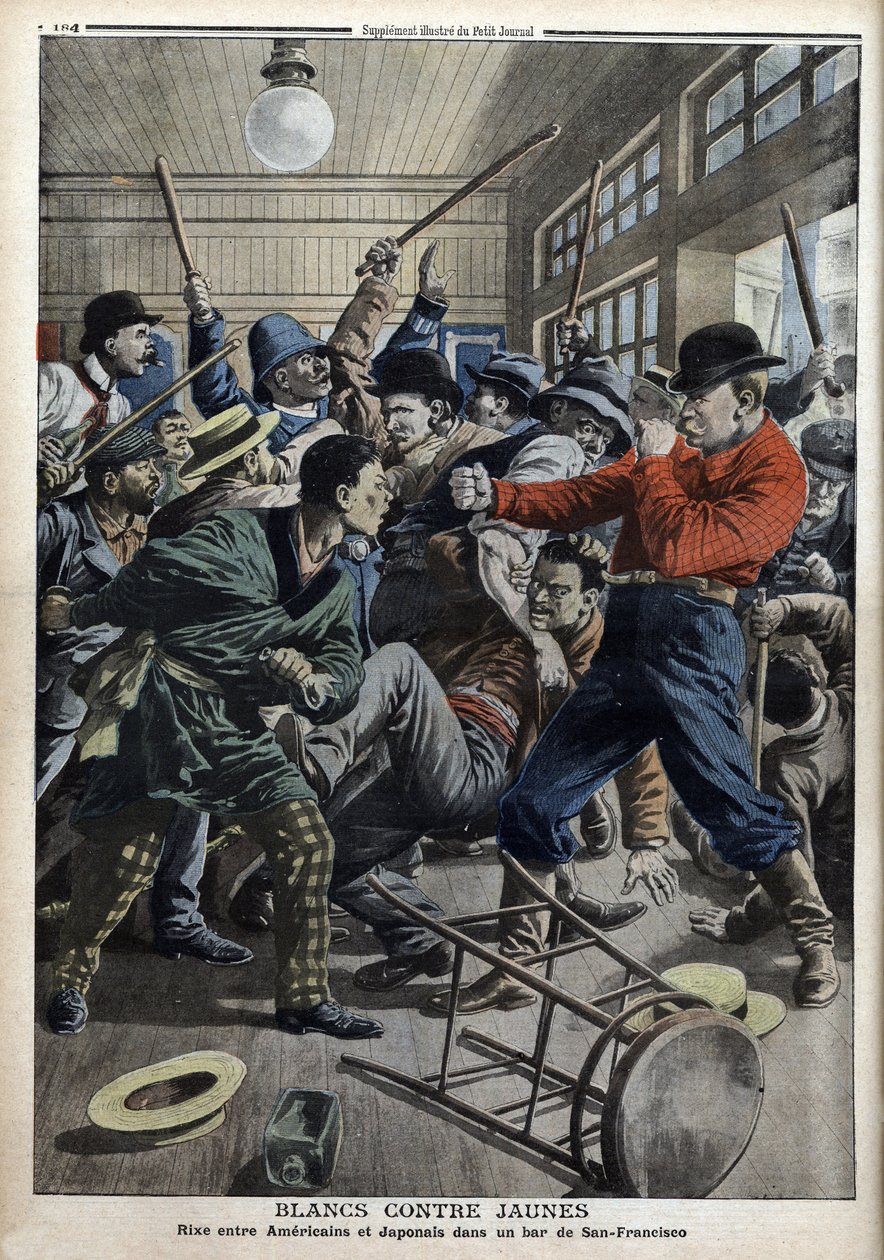 Fehér kontra sárga: Amerikai és japán verselés egy San Francisco-i bárban (a japán gyerekek amerikai iskolákból való kizárása miatti gondok), illusztráció a június 9-i "" Le Petity Journal"-ból alkotó: Anonymous Anonymous