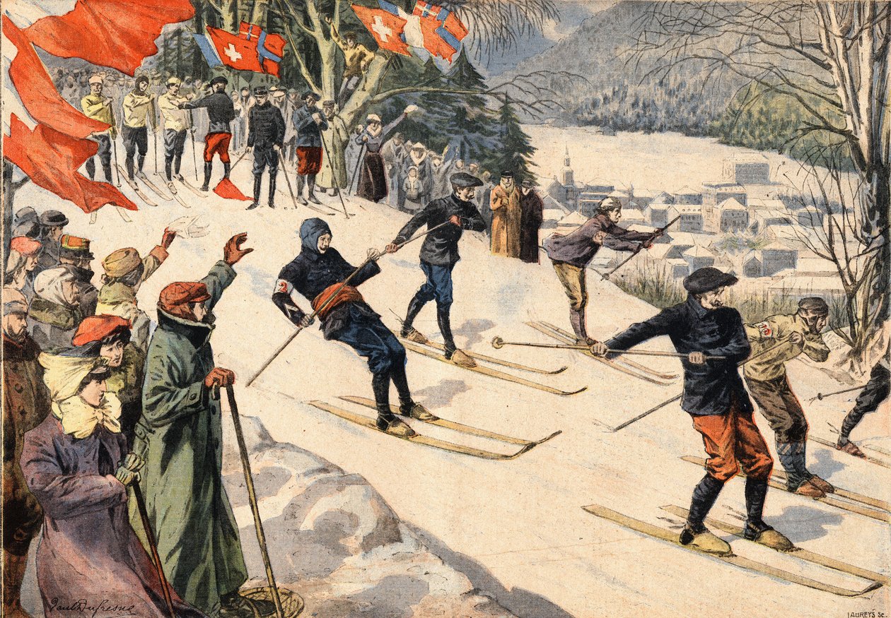 Téli sport: Síverseny Chamonix-ban, Haute Savoie-ban, az Alpokban, Franciaországban. A svájci és francia zászlók bátorítják a síelőket. Metszet a „Le Petite Parisien” újságból” alkotó: Anonymous Anonymous